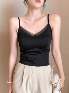 French V-neck Strap Vest Womens Integrated Acetate Satin Drapey Top with Chest Pad Outerwear Beautiful Back Bra Base Layer