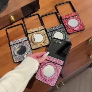 High-End Shiny Powder Magnetic Makeup Mirror Stand for Samsung Z Flip 7/6/5/4/3 7FE Protective Case Mid-Axis Shockproof Cover