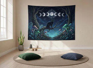 VIKAMA Moon Phase Black Cat Forest Tapestry Mysterious Bohemian Style Background Cloth Dark Starry Sky Mushroom Room Decoration