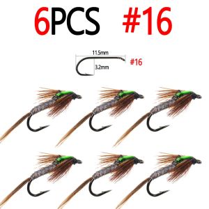 Bimoo 6pcs #14 #16 Flash Back Pheasant Tail Nymph Fly Brown Hackle Dry Fly for Trout Perch Grayling Fishing Lures Baits