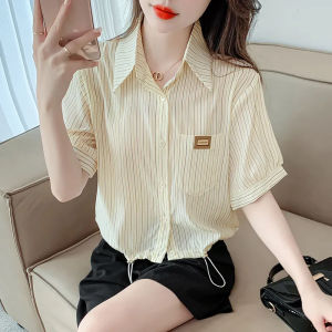 French Single Button Stripe Short Sleeve Womens Shirt Drawstring Design Compact Polo Neck Short Length Striped Top