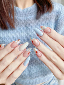 Handmade HERE Wearable Nails Spring Summer Dopaamine Hand-Painted Colorful Flowers Rice Milk Blue Foggy Blue Whitening Versatile