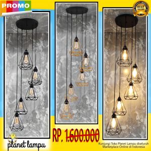 LAMPU GANTUNG VOID TANGGA MINIMALIS 5 IN 1 VINTAGE RETRO CAFE DEKORASI RUANG TAMU HIASAN PLAFON KLASIK CABANG 5 KAP LAMPU DIAMOND HITAM GOLD