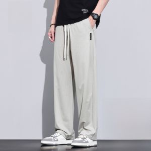ROMON | Lormen Mens Summer Ice Silk Cool Feeling Loose Straight Leg Thin Wide Leg Casual Pants Breathable Comfortable Lightweight