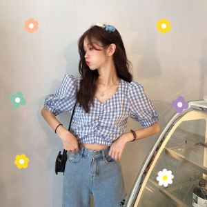 เสื้อเชิ้ตแขนสั้นลายสก็อตสีฟ้าคอเหลี่ยมสไตล์ฝรั่งเศสสำหรับผู้หญิง เสื้อเชิ้ตแขนพองทรงเข้ารูปสไตล์เกาหลีสำหรับใส่ไปทำงาน