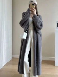 Autumn Winter Loose Lazy Style Knee Length Thickened Women Cardigan Pure Imitation Mink Fleece Knitted Sweater Warm Coat Clothes