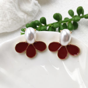 Red Petal Pearl Drop Earrings Korean Style Fashion Jewelry Silver Needle Oil Drip Earring Post Popular Commuter Ear Jewelry