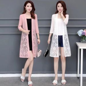 Summer Lace Sunscreen Cardigan Oversized Womens Mid Length Thin Jacket Top Shawl Mesh Air Conditioning Shirt