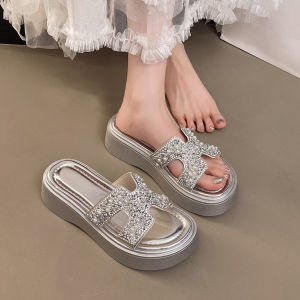 DIANCHA | Thick Soled Rhinestone Pearl One-Piece Strap Beach Sandals