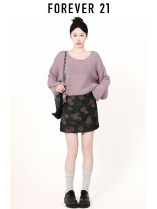 Forever 21 Womens Long Sleeve Knitted Sweater A-Line Mini Skirt Set High Waist Printed Bodycon Half-length Polyester Fiber