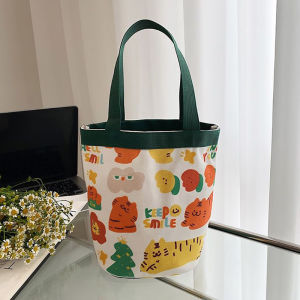 【NN74】Portable Cute Animal Pattern Graffiti Bucket Bag Ins Printed Cylindrical Bag Canvas Bento Bag Handheld Lunch Box Bag[J]