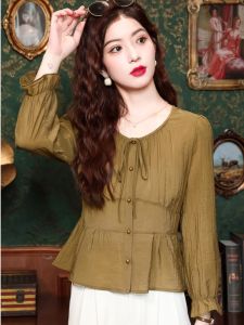 Áo Sơ Mi Nữ Cổ Chữ V Dài Tay Mùa Thu Mới Thiết Kế Eo Thắt Lưng Thường Ngày Giảm Béo Dài Tuổi Thọ Chất Liệu Cotton Pha Trộn