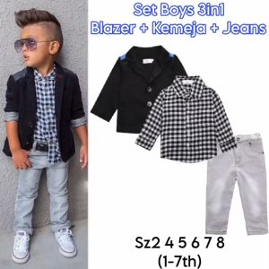 SETELAN ANAK LAKI IMPORT MURAH 3IN1 KEMEJA BLAZER JEANS