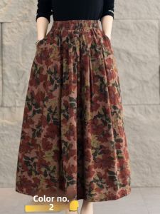 Fashionable High Waist A-Line Midi Skirt Autumn Print Slimming Versatile Mid-Length Womens Skirt for Ages 40-49