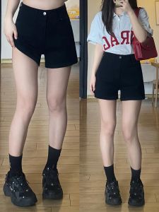 Quần Short Denim Cạp Cao Màu Đen Cho Nữ Mùa Hè Phong Cách Mới Dáng Chữ a Quần Bó Bó Sát Thời Trang Cho Người Béo