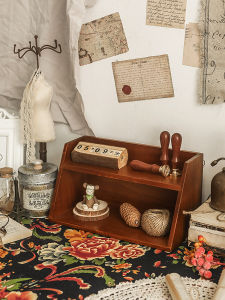 Retro ไม้ Double Layer Desktop Organizer กล่อง Office Supply ถ้วยเครื่องสําอางค์ Solution Handmade ไม้ถาดถัง