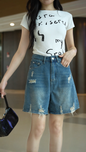 กางเกงยีนส์ขาดสไตล์เกาหลี เอวสูง ใส่สบาย ทรงเข้ารูป ผ้าคุณภาพดี จัดส่งถึงบ้านคุณ ไซส์ XS-5XL Womens denim mid-length Lady Jeans