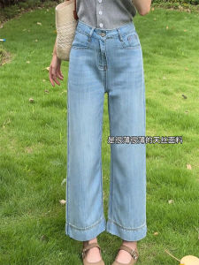 Light Blue Silk Denim High Waist Straight Leg Jeans Womens plus Size Pear Shape Slimming Ice Silk Nine-Piece Jeans