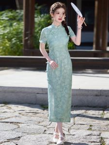 Elegant Green Short Sleeve Qipao Dress 2025 New Style Young Womens Fashionable Refreshed Improved Long Cheongsam Gown