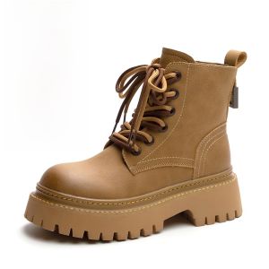 LANKAMO | Genuine Leather Martin Boots Womens Spring Autumn Thick Bottom British Style Short Work Boots Cool Large Yellow Boots