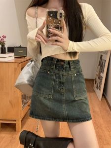 High Waist Denim Mini Skirt Womens Spring Summer Slimming Short A-Line Skirt Cover Hip Bodycon Pants Korean Style Button Detail