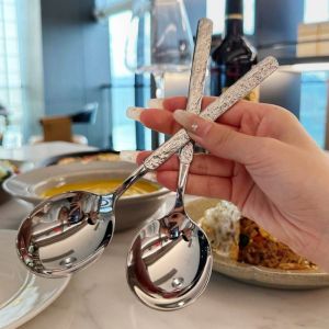 2PCS New Stainless Steel Spoon Creative Silver Ice Crack Spoon Long Handle Stirring Dessert Spoon Coffee Spoon Korean Tableware Table Spoon