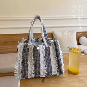 Japanese Style Cotton Linen Bento Box Handbag Womens Bag Tassel Plaid Versatile Lunch Bag Storage Organizer Handmade Retro