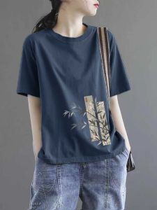 Summer New Retro Artistic Style Pure Cotton Short Sleeve T-Shirt Women Loose Fit Half Sleeve Top round Neck Plant Floral Print