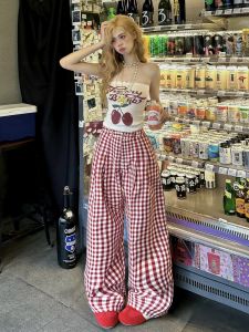 Quần Ống Đứng Kẻ Caro Màu Đỏ Dài Thường Ngày Cho Nữ Cạp Cao Quần Ống Rộng Dài Đến Sàn Cỡ Lớn Mùa Hè 2025