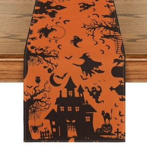 Thiết Kế Hình Bóng Người Chạy Bàn Halloween VIKAMA Với Hình Ảnh Ngôi Nhà Ma Ám Phù Thủy Ma Dơi Bí Ngô - Trang Trí Bàn Bằng Vải Lanh Cho Bữa Tiệc Tại Nhà Bàn Ăn