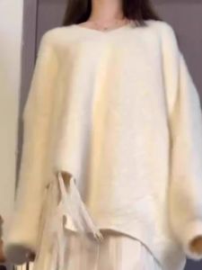 Womens Long Sleeve Knitted Sweater V-Neck Tassel Trim Faux Mink Autumn Winter Fashion Gentle Lazy Style Korean Loose Fit