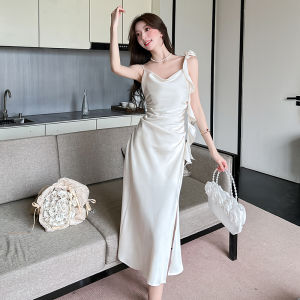 Váy Dài Ren Tay Lỡ Cổ Chữ V Kiểu Pháp Thanh Lịch Mùa Hè Cho Nữ Váy Dài Bằng Vải Satin Hở Lưng Xếp Ly