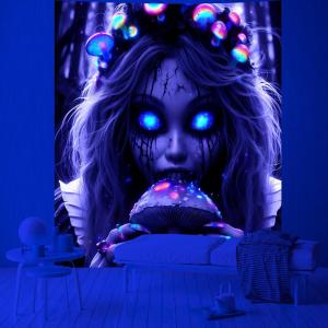 VIKAMA Dark Witch Tapestry Mushroom Headpiece Blue Eyes Fantasy Bedroom Living Room Dark Style Wall Hanging Decoration