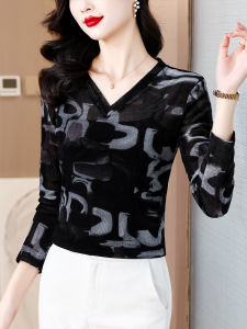 Fashionable Printed Mesh Base Shirt Womens Autumn New Style Slim Long Sleeve V-Neck T-Shirt High-End Sensation Inner Wear Top