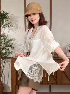 TIANQIANHUI | Áo Sơ Mi Trắng Dễ Dàng V-Neck Có Chèn Ren