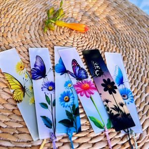 6pcs acrylic butterfly daisy bookmark with tassel double-sided pattern cultural and creative gift reading enthusiast new book
