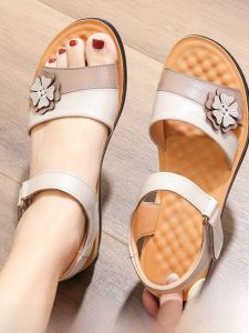 SHIPAILUO | Leather Mom Sandals Flat Bottom Soft Sole Womens Summer Casual Slip-On Shoes Anti-Slip Comfortable For Middle-Aged And Elderly