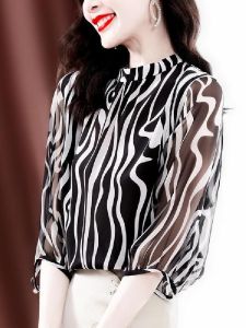 Áo Sơ Mi Chiffon Thời Trang Mùa Hè 2022 Tay Dài Cổ Tròn in Họa Tiết Sọc Ôm Vừa Vặn Chất Liệu Polyester Thường Ngày