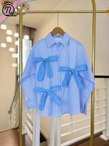 Nabee queeny เสื้อเชิ้ตแขนยาวลายริ้ว แต่งโบว์ สไตล์เวียดนาม เชิ้ตโอเวอร์ไซส์ อกใหญ่ งานป้าย fantasy
