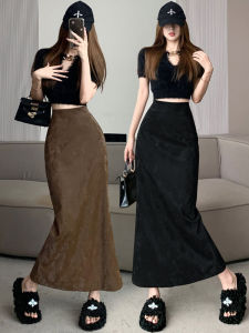 Brown Retro Jacquard Skirt for Women Mid Length Long Length Autumn High Waist Line Skirt Stylish Back Slit Straight-leg Bodycon Dress