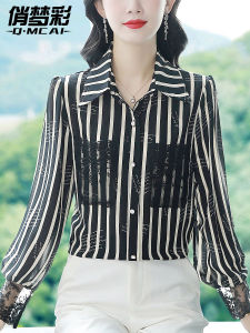 เสื้อเชิ้ตผ้าชีฟองแขนยาวผู้หญิง 2025 ฤดูใบไม้ร่วงใหม่ เสื้อเชิ้ตผู้หญิง ลายลูกไม้ ลายดอกไม้ เสื้อเชิ้ตแฟชั่นฤดูใบไม้ร่วง เสื้อเชิ้ตผู้หญิง