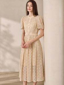 Roey s house | Elegant Lace Dress With Tie Bow Puffy Sleeves