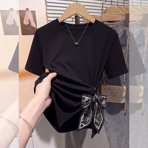 Irregular Hem Waist-cinching Large Size Black Round Neck Short Sleeve Tee