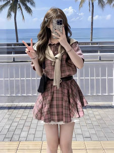 XUECAIQI | Spring Summer Korean Style Young Looking Pink Check Shirt Dress