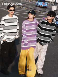 HetingHOME | เสื้อยืดคู่รักแขนยาวลายทางหลวมๆ สำหรับผู้ชาย Hetinghome แฟชั่นฤดูใบไม้ร่วง ทรงตรง ทรงหลวม ทรงปกติ ผ้าโพลีเอสเตอร์