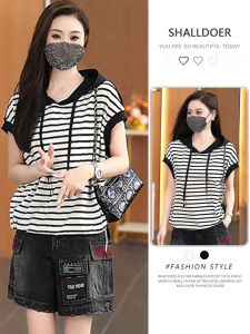 Shalldoer | Fashionable Versatile Womens Summer 2025 Striped Print Short Sleeve T-Shirt Wide Leg Jeans Shorts Two Piece Set Casual Wear