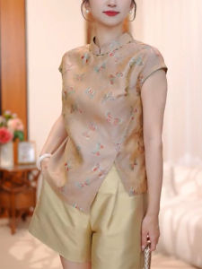 QINGNAER | Traditional Zen Style Anti-aging Large Size Women Shirt with Mandarin Collar and Side Slits