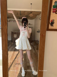 Sweet Cute Bowknot Design Pink Apricot Colored Overall Short Dress