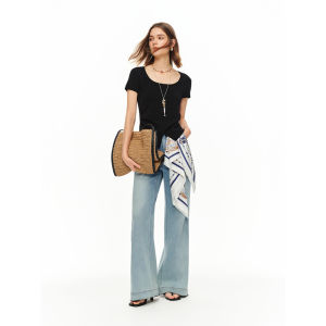 DUSHU | Fitted Waist Flared Collar Womens Knitwear T-Shirt for Summer