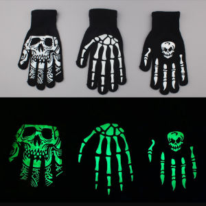 Halloween Horrible Glow Gloves Adult/Kids Luminous Skeleton Skull Full/Unique Finger Gloves Cycling Equipment Knitted Winter Warmer Fun Mittens Gift